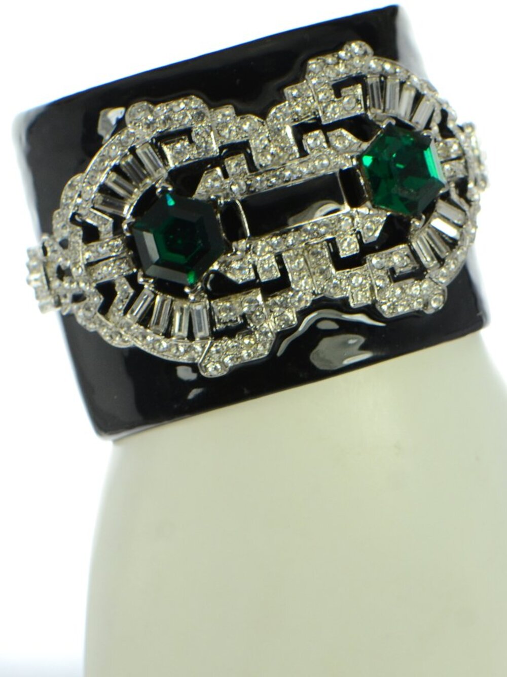 Vintage Kenneth Jay Lane Black Enamel Art Deco Crystal Cuff Bracelet